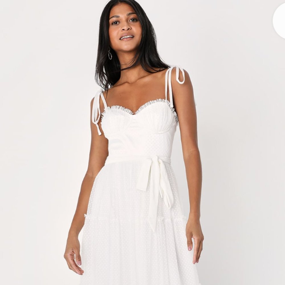 Endless Memories White Mesh Swiss Dot Tie-Strap Midi Dress, size Small. Wedding